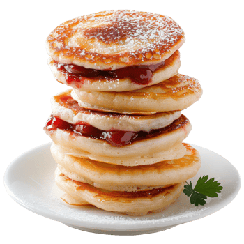 Stack of Delicious Pancakes with Jam and Powdered Sugar on a White Plate png