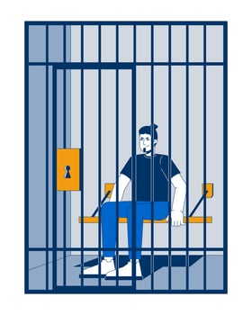 Arrested suspect man sitting in jail cell behind bars 2D cartoon character. Prison inmate, incarceration, detention. Prisoner bench flat person isolated on white. Spot illustration colorful vector