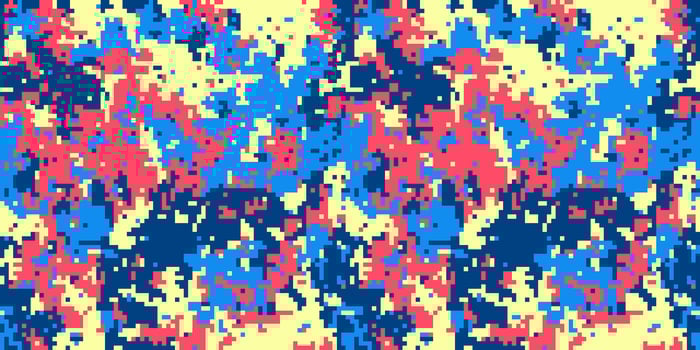 Abstract pixelated camouflage pattern in vibrant pink, blue, and yellow hues. Perfect for fashion, textiles, and digital designs. A bold, modern take on a classic motif. vector