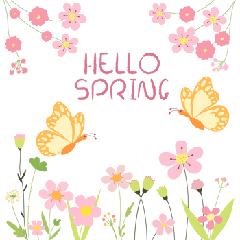Hello spring. Spring illustration with flowers, butterflies and text. Spring gentle background in pastel colors on a transparent background png