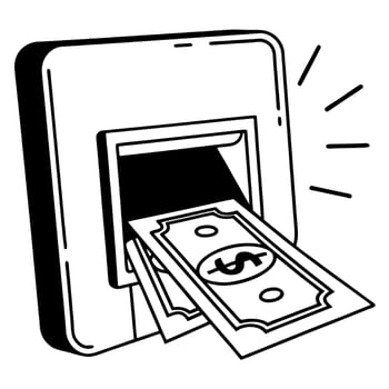 Atm dispensing cash with dollar symbol financial banking concept, black and white illustration vector