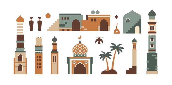 icon collection set, mosque building illustrations, flowers, houses, towers and Islamic icons vector