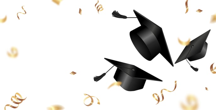 Graduation caps flying with golden confetti and streamers Realistic style, for graduation announcements party invitations school promotions , academic celebration designs, creative banner. vector