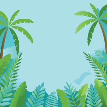 Lush Tropical Paradise Setting with Palm Trees and Vibrant Green Foliage Under a Clear Blue Sky vector