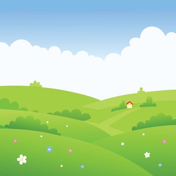 Picturesque Rolling Green Hills Landscape with a Small House and Blooming Flowers under a Sunny Sky vector