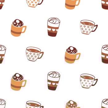 A delightful pattern of various coffee and hot chocolate drinks in charming mugs vector