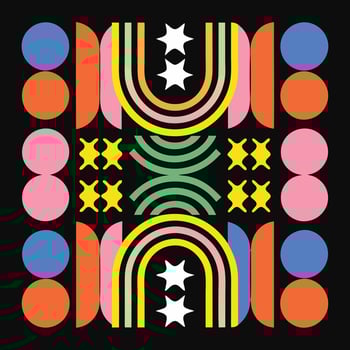 Vibrant Retro Geometric Pattern with Rainbow Arcs Stars and Circles vector