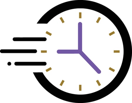A dynamic clock illustration showcasing movement with minimalist design elements and a sleek color palette in vibrant purple and yellow, art vector