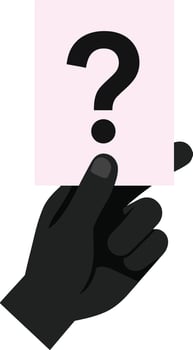 A black hand holding a pink card with a question mark in a minimal flat design style showcasing curiosity and inquiry in art vector