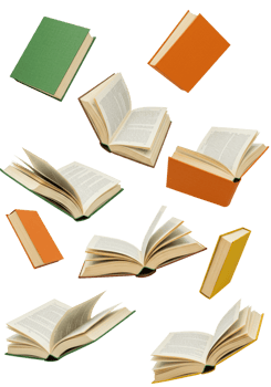 Colorful assortment of open and closed books arranged creatively png