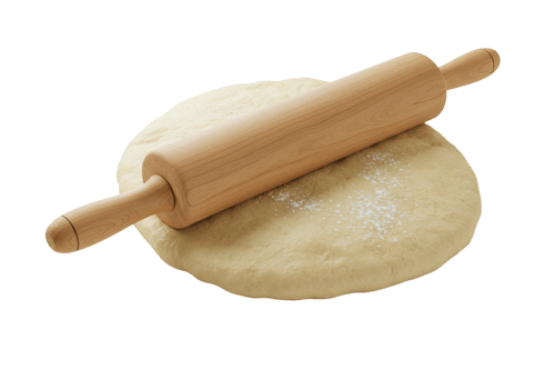 Wooden rolling pin flattening fresh dough piece png
