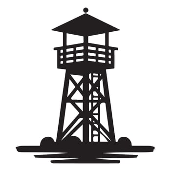 Silhouette of vintage lookout tower structure near water illustration vector