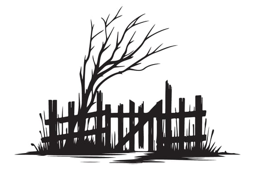 Silhouette of Decayed Tree Next to Broken Fence Illustration vector