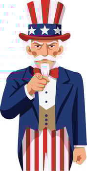 Patriotic man in a striped suit and tall hat, pointing directly, flat art expressing determination and pride in a bold, confident manner vector