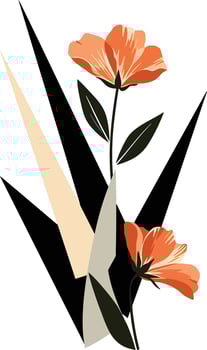 Vibrant orange flowers with green leaves and geometric black shapes in a flat design style, creating a modern and artistic illustration vector