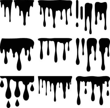 Black Drips Collection Ink, Paint, or Fluid Dripping Down Isolated on White vector