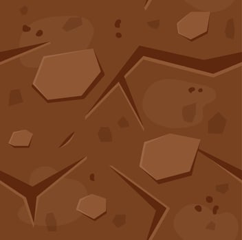 Seamless cartoon game ground texture forming a repeating pattern, representing a stylized surface with cracks, rocks, and dirt, suitable for game level design or background vector