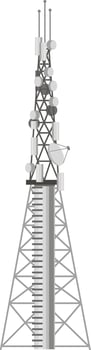 Metal telecommunication tower rising high against a cloudless sky, featuring various antennas and a satellite dish, delivering essential wireless communication services and connectivity vector
