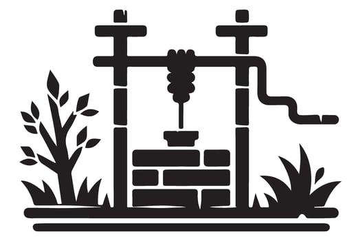 Vintage Water Well Black Silhouette Illustration with Tree vector