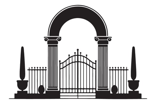 Ornate Estate Gate Silhouette Illustration with Columns and Urns vector