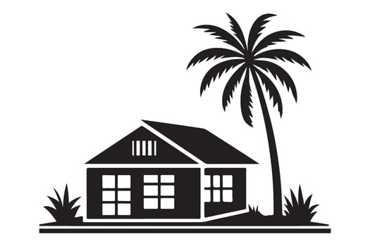 Silhouette Tropical House with Palm Tree Illustration Design vector
