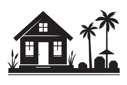 Tropical House Silhouette Illustration with Palm Trees vector