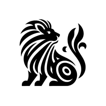 A stylized black lion silhouette, sitting proudly, with a striped mane, an ornate tail, and a minimalist aesthetic. vector