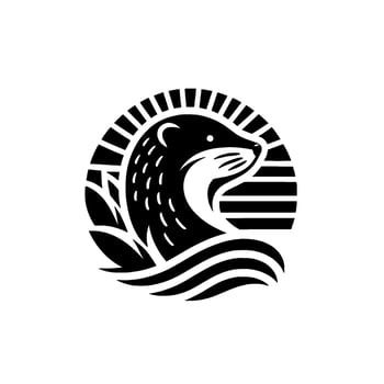 Stylized Circular Featuring a Sleek Black Otter Amidst Waves and a Sunsetlike . vector