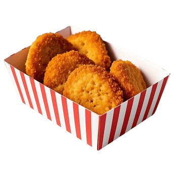Crispy golden chicken nuggets, red and white striped paper container, fast food png