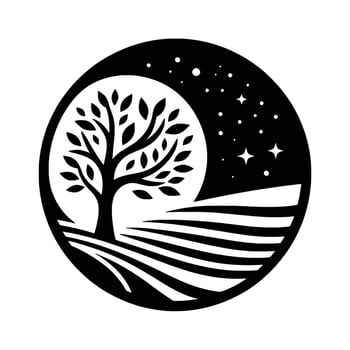 A black and white circular illustration of a tree, field, and starry night, evoking peace, serenity, and simplicity. vector