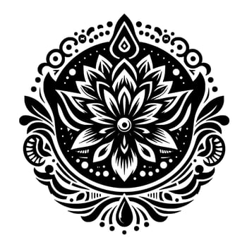 Intricate Black and White Floral Mandala with Ornate Border and Leafy Flourishes on White Background. vector