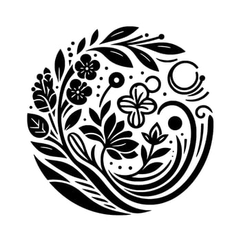 A circular black and white botanical illustration featuring stylized flowers, leaves, and ornamental details arranged in a balanced, artistic . vector