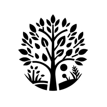 A minimalist black and white illustration of a stylized tree within a circular composition, featuring leaves, grass, and a mushroom, set against a clean white background. vector