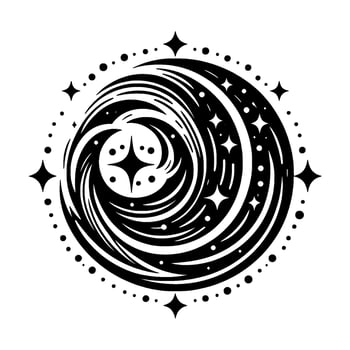 Celestial Spiral Black and white swirling galaxy with stylized stars and dotted border, evoking a sense of cosmic mystery. vector
