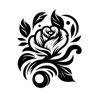 Elegant Black White Rose Floral Illustration with Detailed Petals, Leaves, and Decorative Swirls on a Bright Background. vector