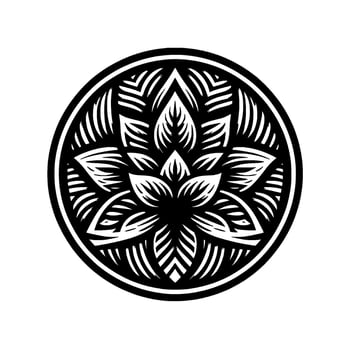Intricate Black and White Circular Mandala with Floral and Leaflike Patterns, Symmetric Composition on White Background. vector