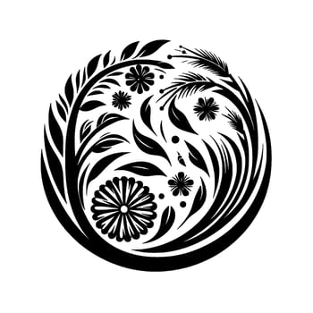 Intricate black and white floral , resembling a stylized botanical illustration, arranged within a circular frame. vector