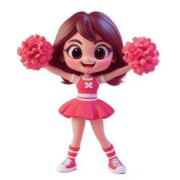 Cartoon cheerleader character holding pink pom poms and smiling brightly png
