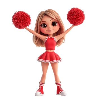 A cartoon cheerleader poses enthusiastically with red pom poms raised png