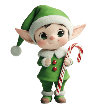 A smiling cartoon elf character holding a striped holiday candy cane png