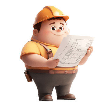 A cartoon construction worker happily inspecting building architectural blueprints png