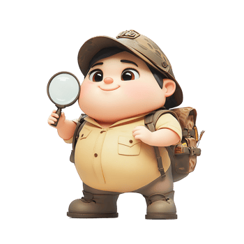 A smiling cartoon explorer holding a magnifying glass outdoors png