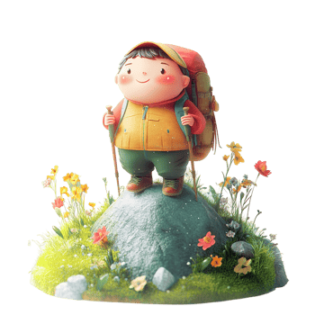 A cartoon character of a young hiker standing on a rock outside png