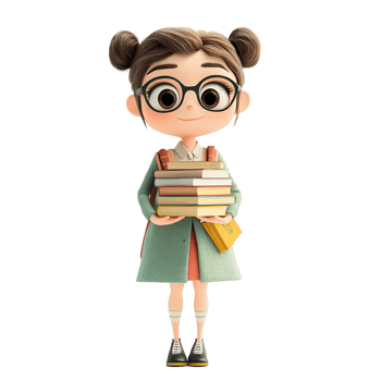 A young cartoon student holding a stack of colorful books png
