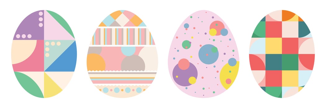 Colorful Easter Egg Collection with Bunnies, Flowers, and Patterns. Flat Illustration Set. vector