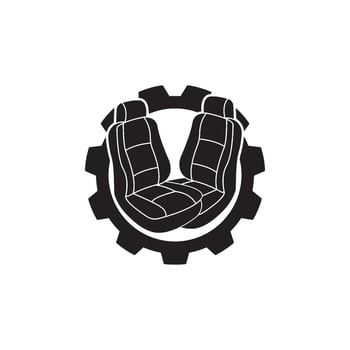A black and white logo of two seats in a gear wheel vector