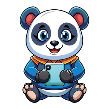 a cartoon panda bear holding cell phone vector