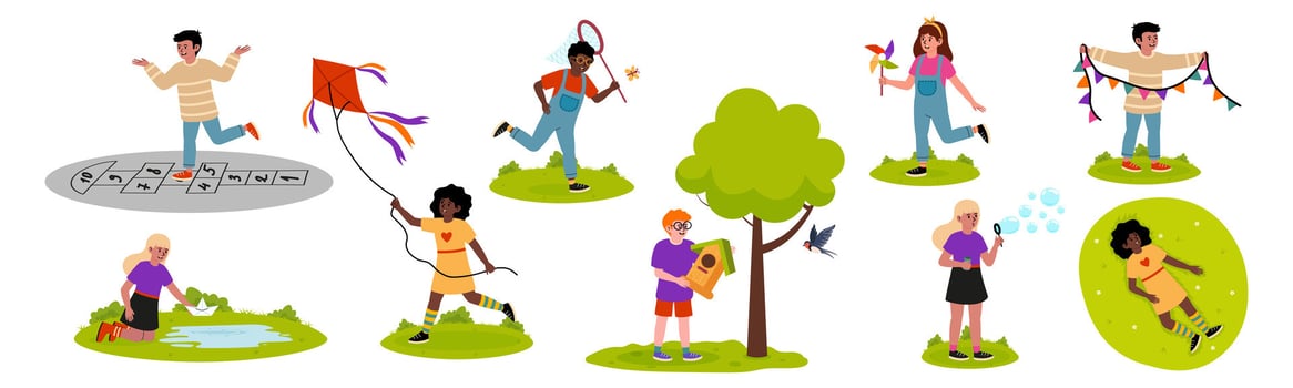 Children engaged in outdoor activities at a park during a sunny day in spring vector