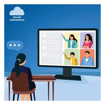 A woman sits at a desk with a computer, having a conference meeting with several colleagues. vector