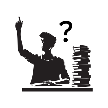 Student raising hand with question mark above books png